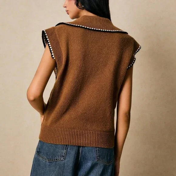 Khaki Casual Women's Wide Shoulder Color-Block Trim Knitwear Vest